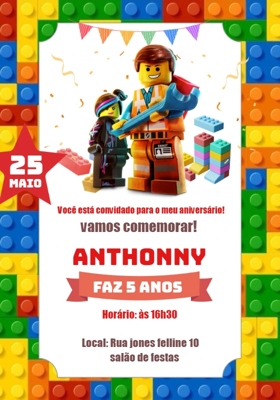 Convite de Aniversário Lego com Personagens para Editar Online
