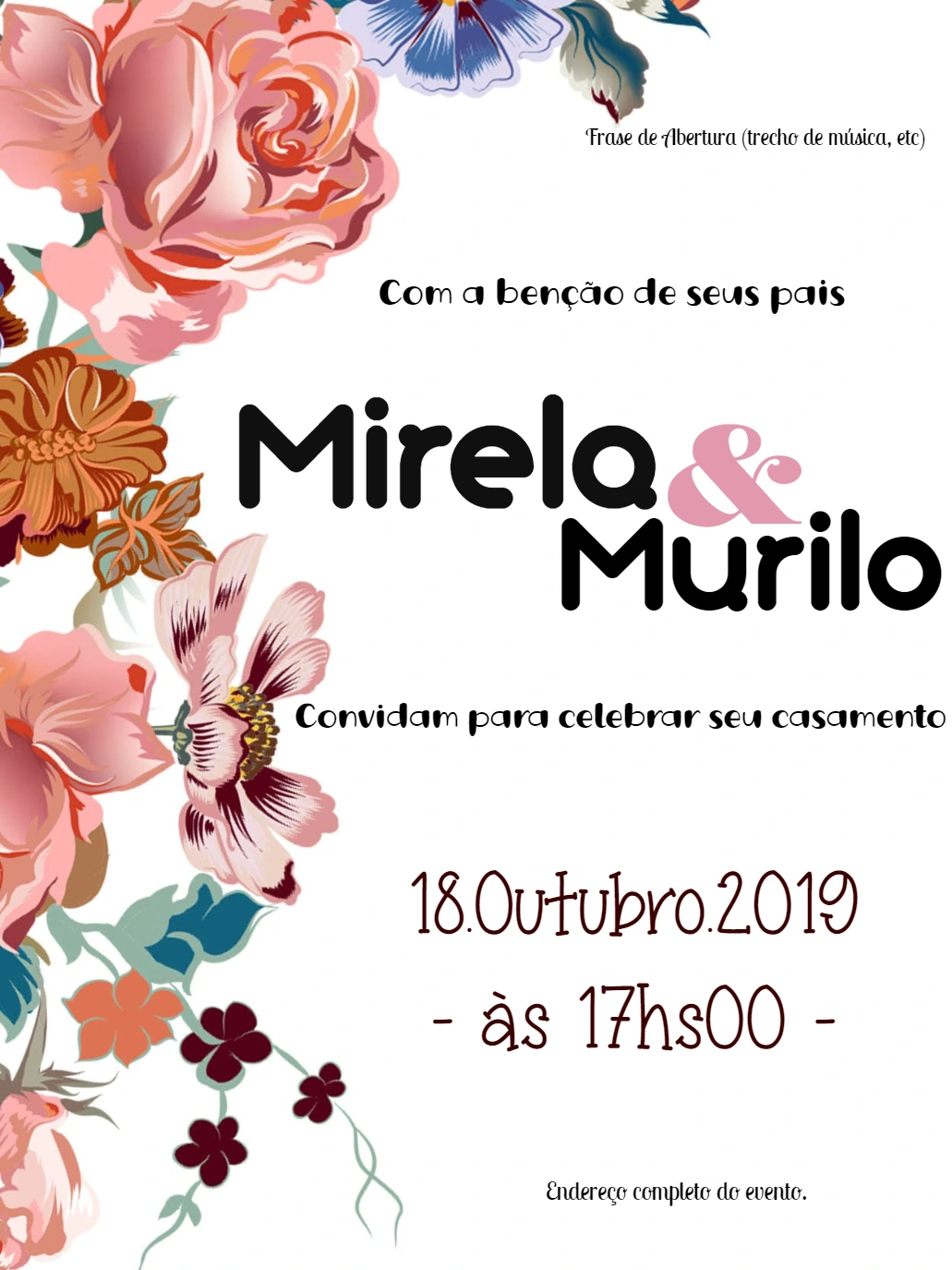 Convite de Casamento Floral com Rosas para Editar Online
