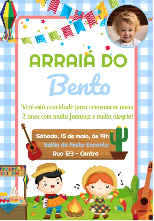 Convite Arraiá Infantil com Foto para Editar Online