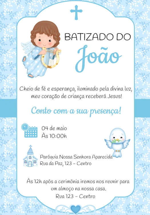 Convite de Batizado Menino Anjo Azul para Editar Online