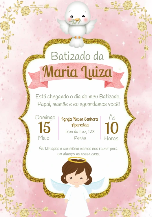 Convite de Batizado Menina Rosa e Dourado para Editar Online