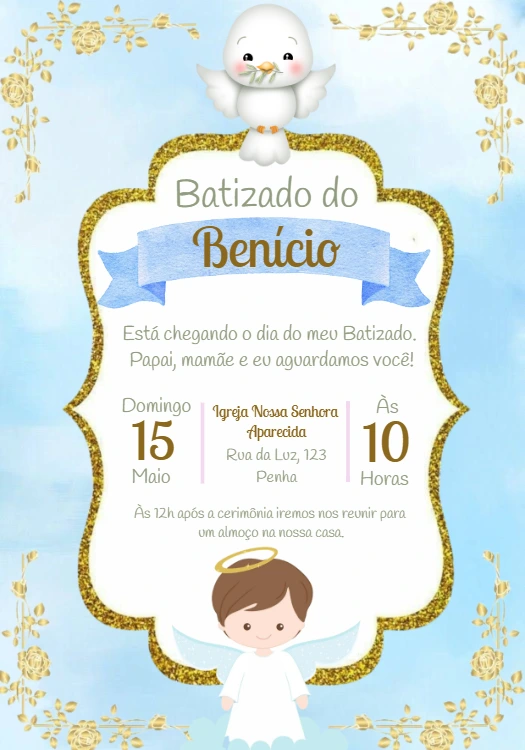 Convite Batizado Menino Anjo Azul e Dourado para Editar