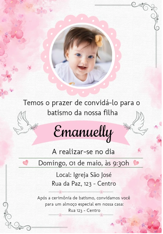 Convite de Batizado Menina com Foto para Editar Online