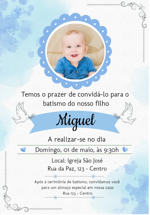 Convite de Batizado Menino com Foto para Editar Online
