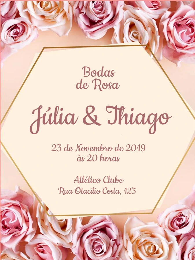 Convite Bodas de Rosa Floral para Editar Online e Imprimir