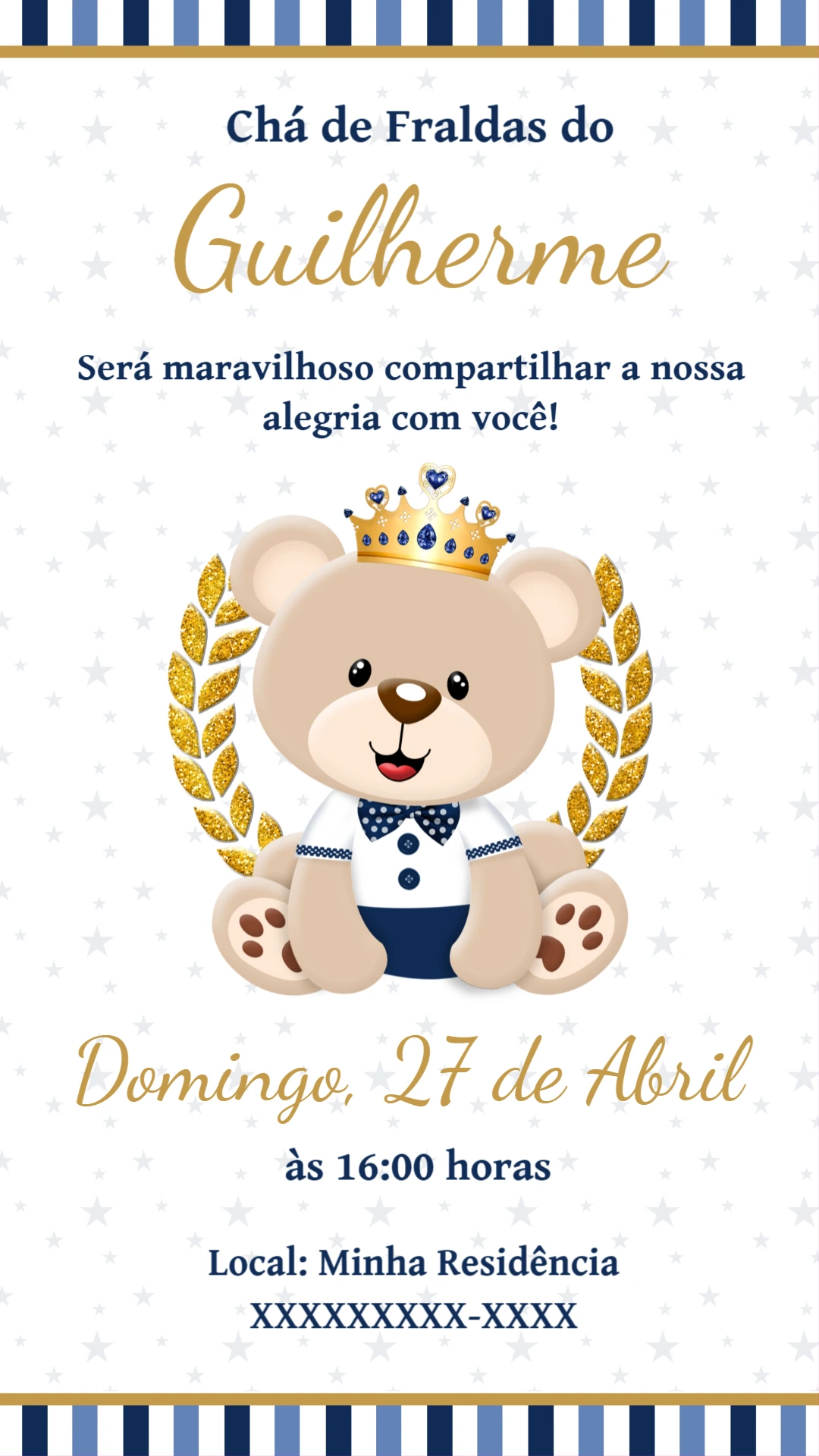 Convite Chá de Fraldas Ursinho Realeza para Editar Online