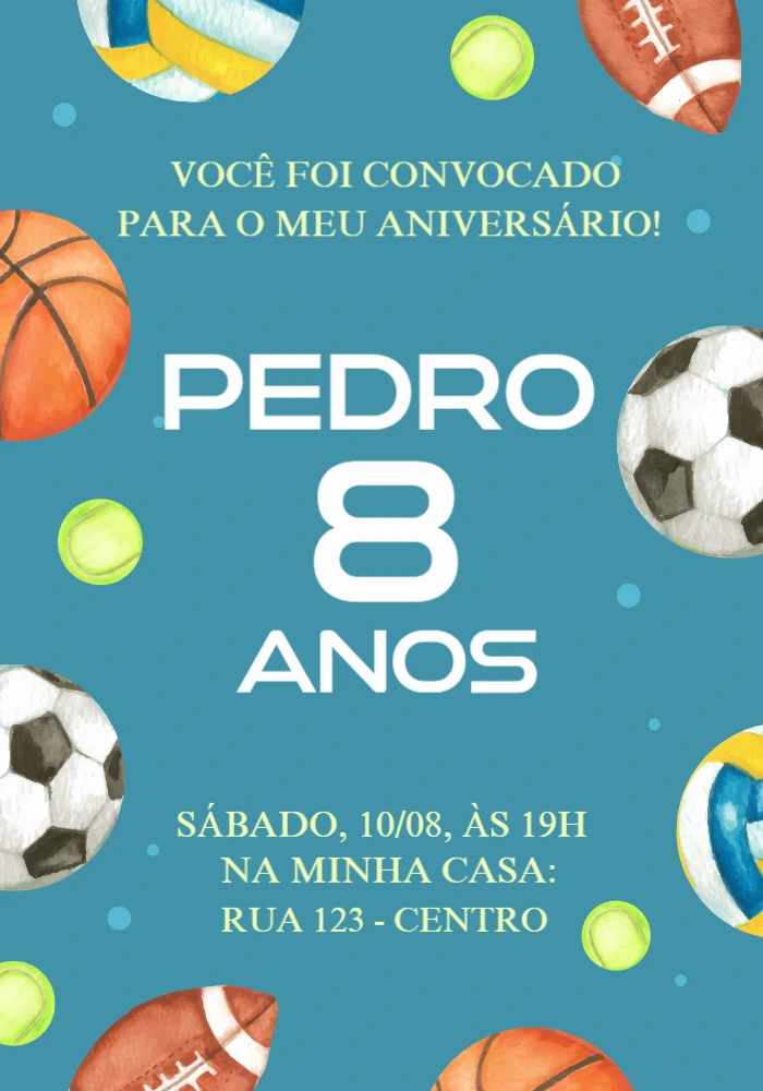 Convite de Aniversário Esportes com Bolas para Editar Online