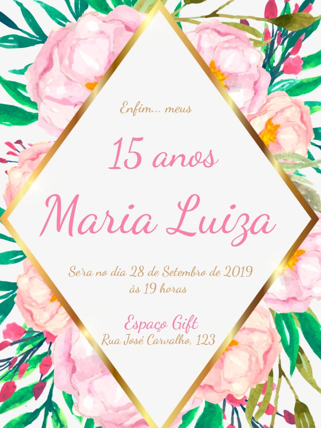 Convite de 15 Anos Floral Rosé para Editar Online