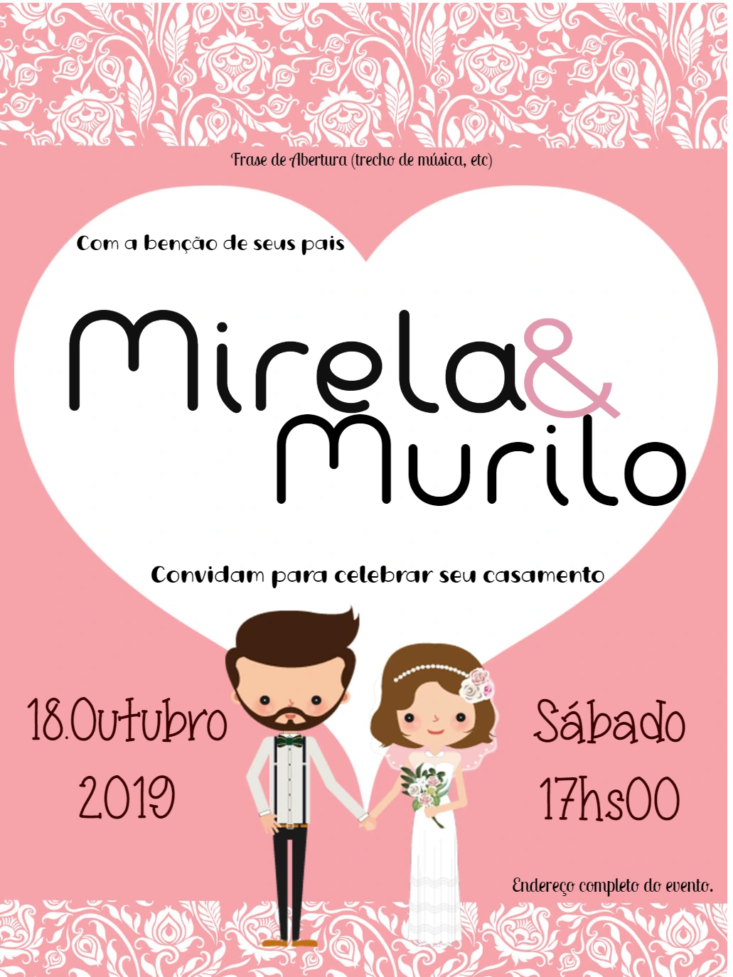 Convite de Casamento com Noivinhos Fofos para Editar Online