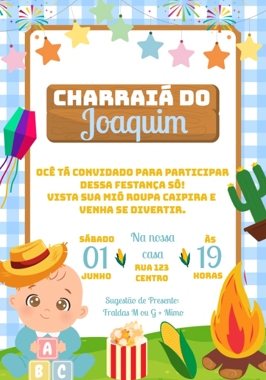 Convite Charraiá Menino Festa Junina para Editar Online