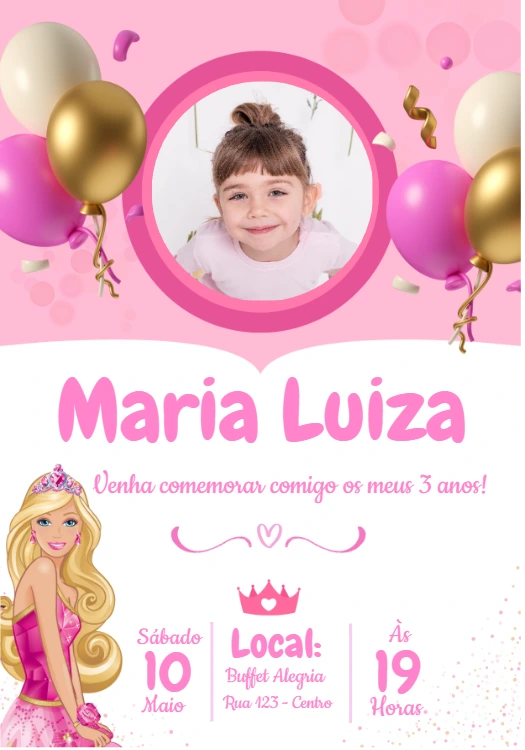 Convite de Aniversário Barbie com Foto para Editar Online