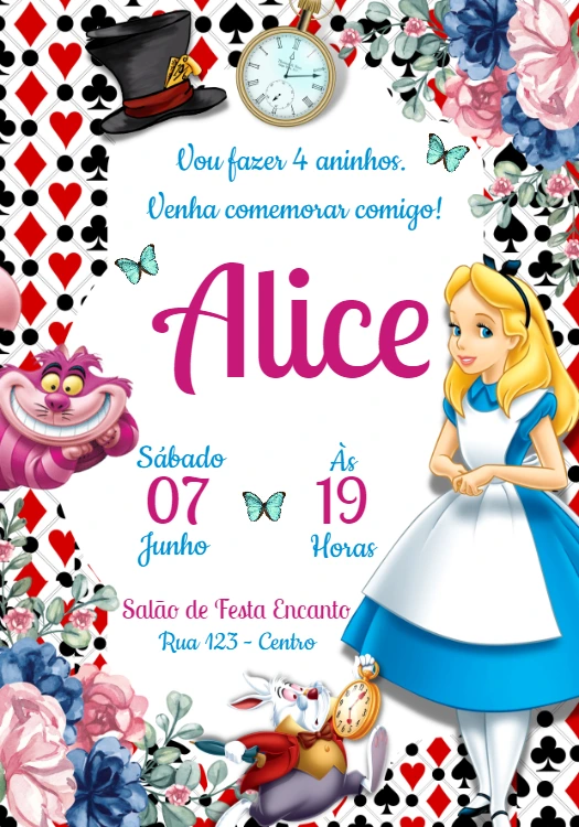 Convite Aniversário Alice no País das Maravilhas para Editar Online