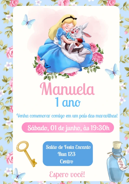 Convite Aniversário Alice no País das Maravilhas para Editar