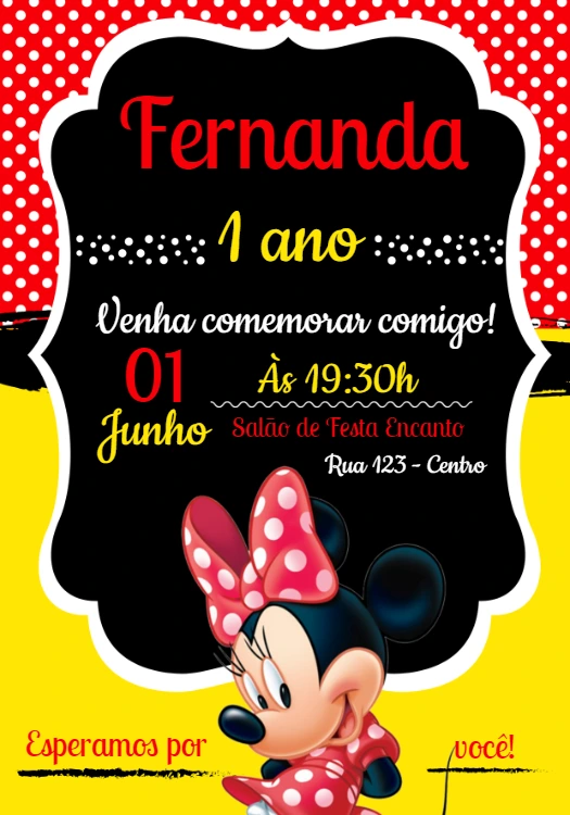 Convite de Aniversário Minnie Vermelha para Editar Online