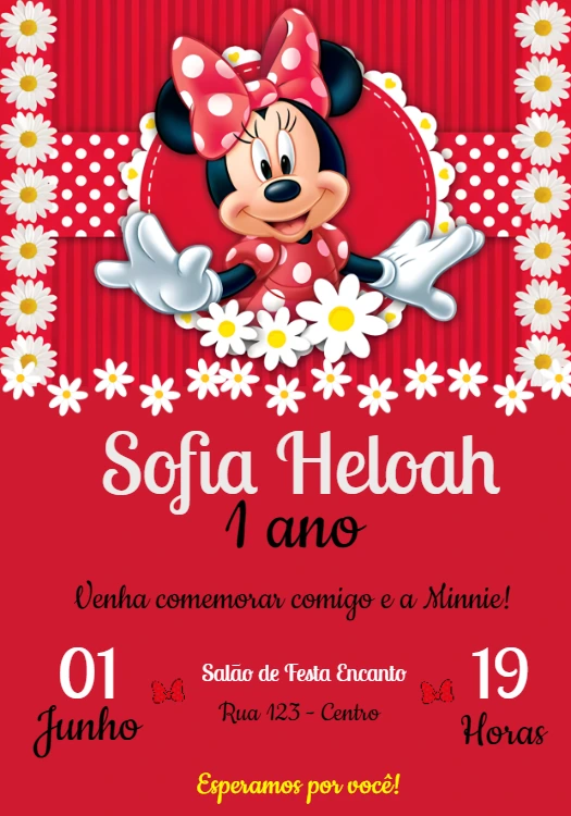 Convite Aniversário Minnie Mouse Vermelha para Editar Online