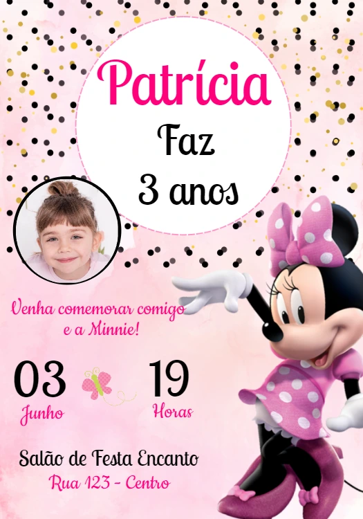 Convite Aniversário Minnie Rosa com Foto para Editar Online