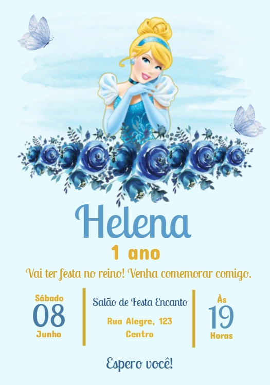 Convite de Aniversário Cinderela Princesa para Editar Online