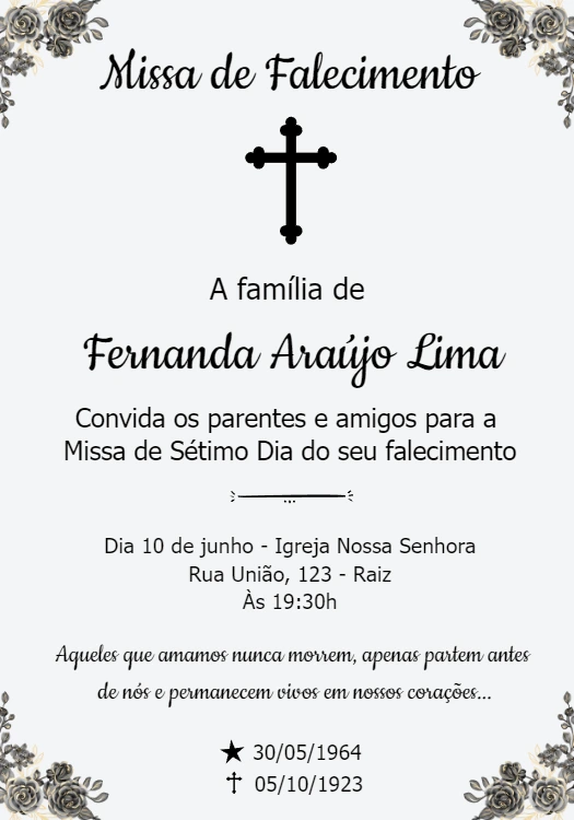 Convite Missa de Sétimo Dia Delicado para Editar Online