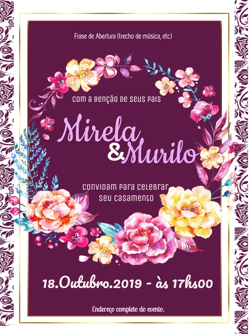 Convite de Casamento Floral Marsala para Editar Online