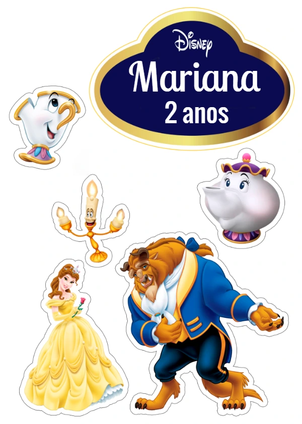 Topo de Bolo A Bela e a Fera com Personagens para Editar Online