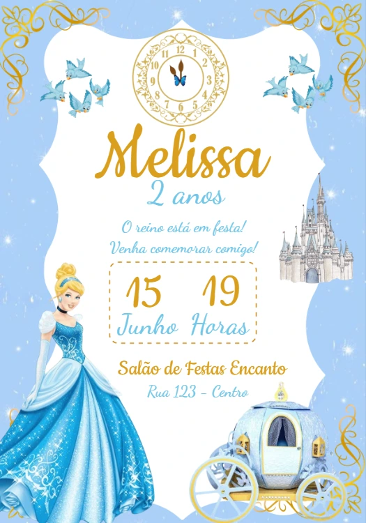 Convite Aniversário Cinderela para Editar e Imprimir