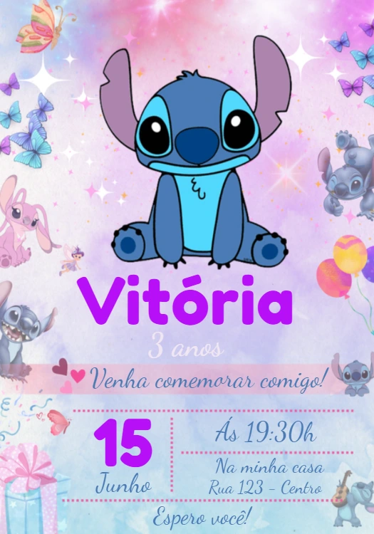 Convite Aniversário Stitch Rosa para Editar Online