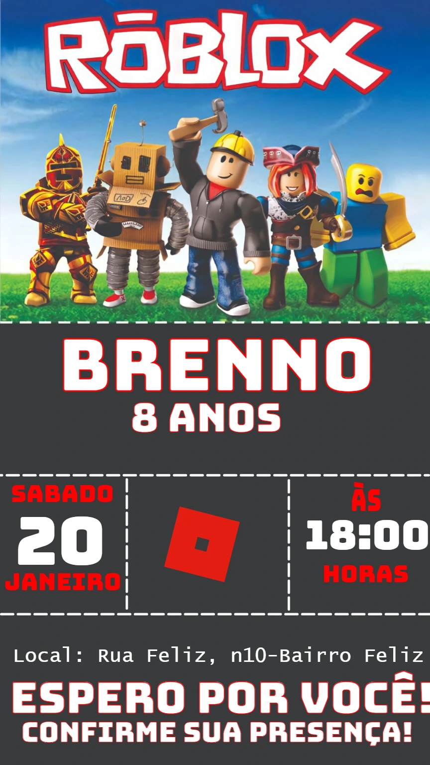 Convite de Aniversário Roblox com Personagens para Editar