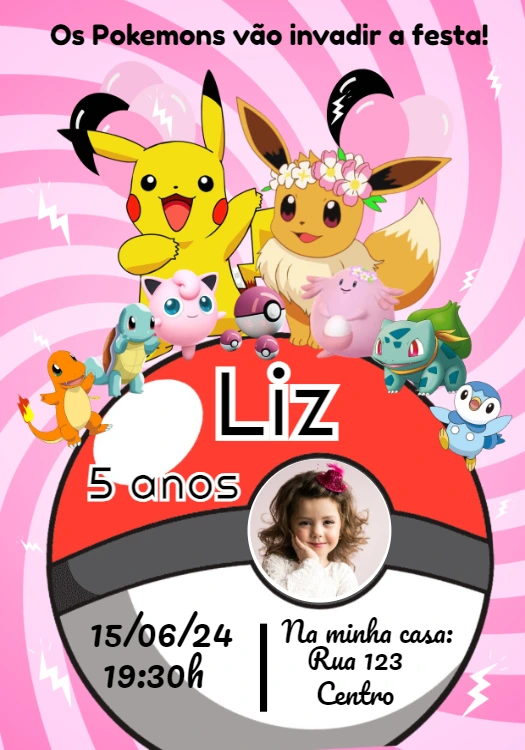 Convite Aniversário Pokémon Menina com Foto para Editar