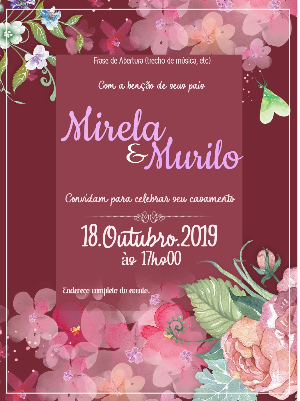 Convite de Casamento Floral Aquarela para Editar Online