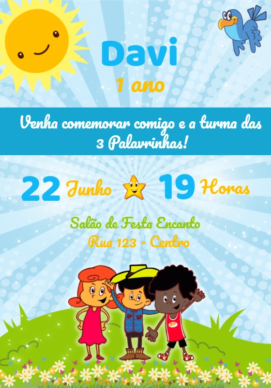Convite Aniversário 3 Palavrinhas Menino para Editar Online