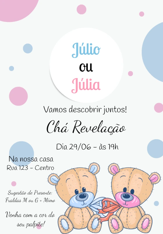 Convite Chá Revelação Ursinhos Rosa e Azul para Editar Online