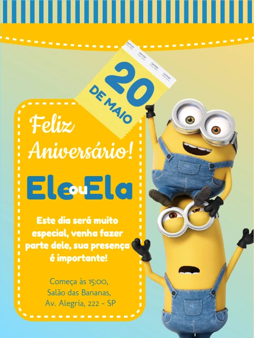 Convite de Aniversário Os Minions para Editar Online