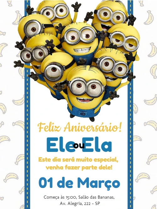 Convite de Aniversário Minions para Editar Online