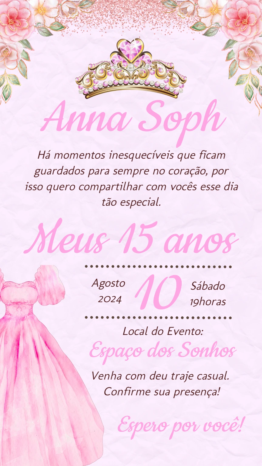 Convite 15 Anos Princesa Rosa e Dourado para Editar Online