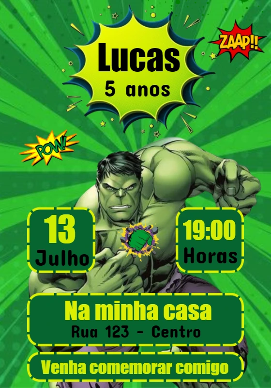 Convite Aniversário Hulk para Editar Online