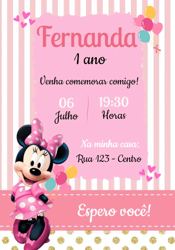 Convite de Aniversário Minnie Rosa para Editar Online
