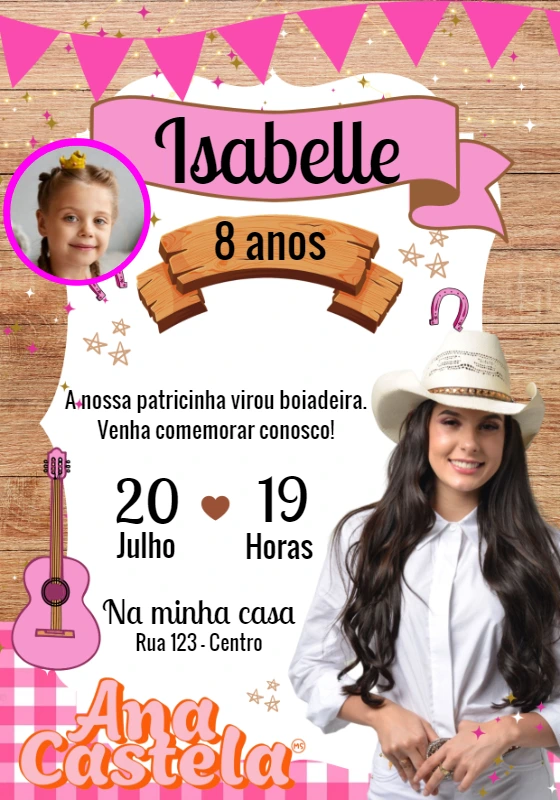 Convite Aniversário Ana Castela Boiadeira com Foto para Editar