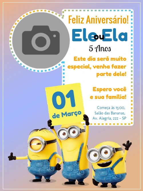 Convite Aniversário Minions com Foto para Editar Online