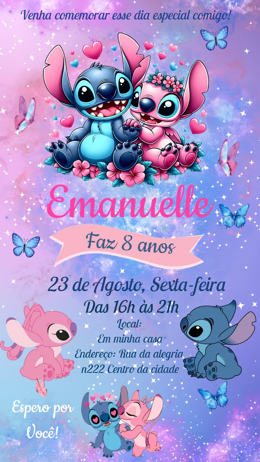 Convite Aniversário Stitch e Angel para Editar Online