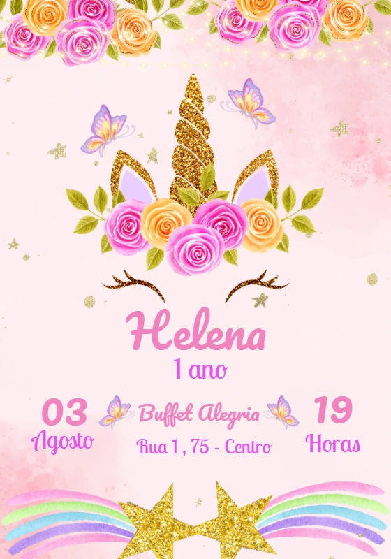 Convite de Aniversário Unicórnio com Flores para Editar Online