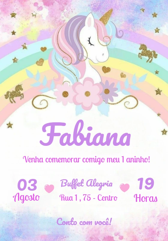 Convite de Aniversário Unicórnio Mágico para Editar Online