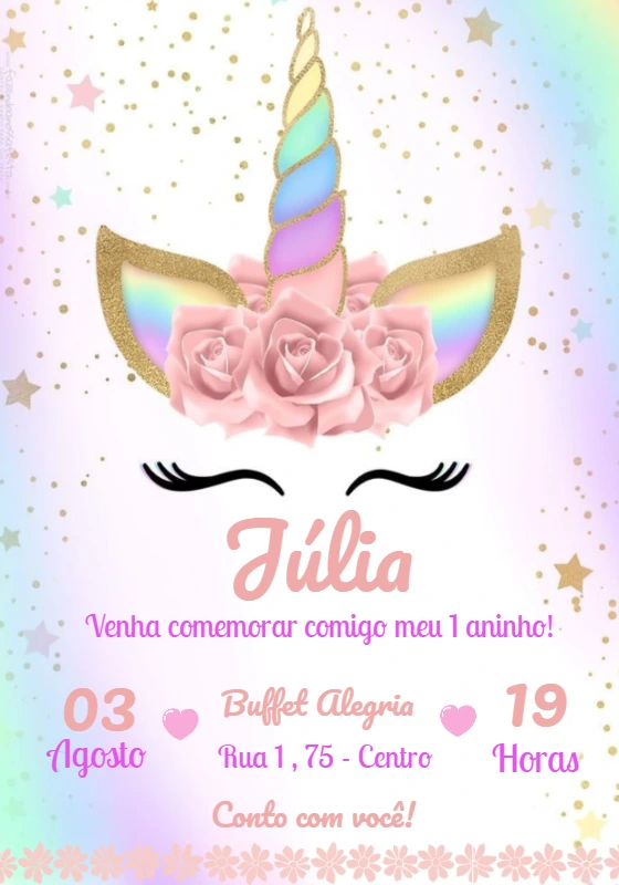 Convite de Aniversário Unicórnio Mágico para Editar Online