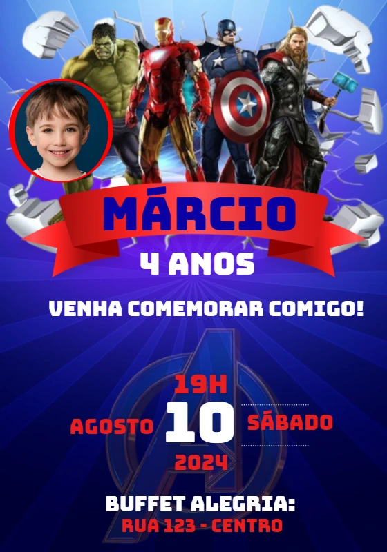 Convite de Aniversário Vingadores com Foto para Editar Online