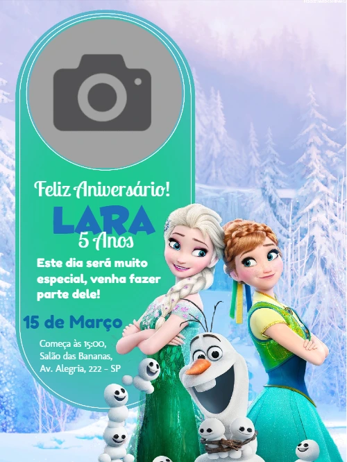 Convite de Aniversário Frozen com Foto para Editar Online