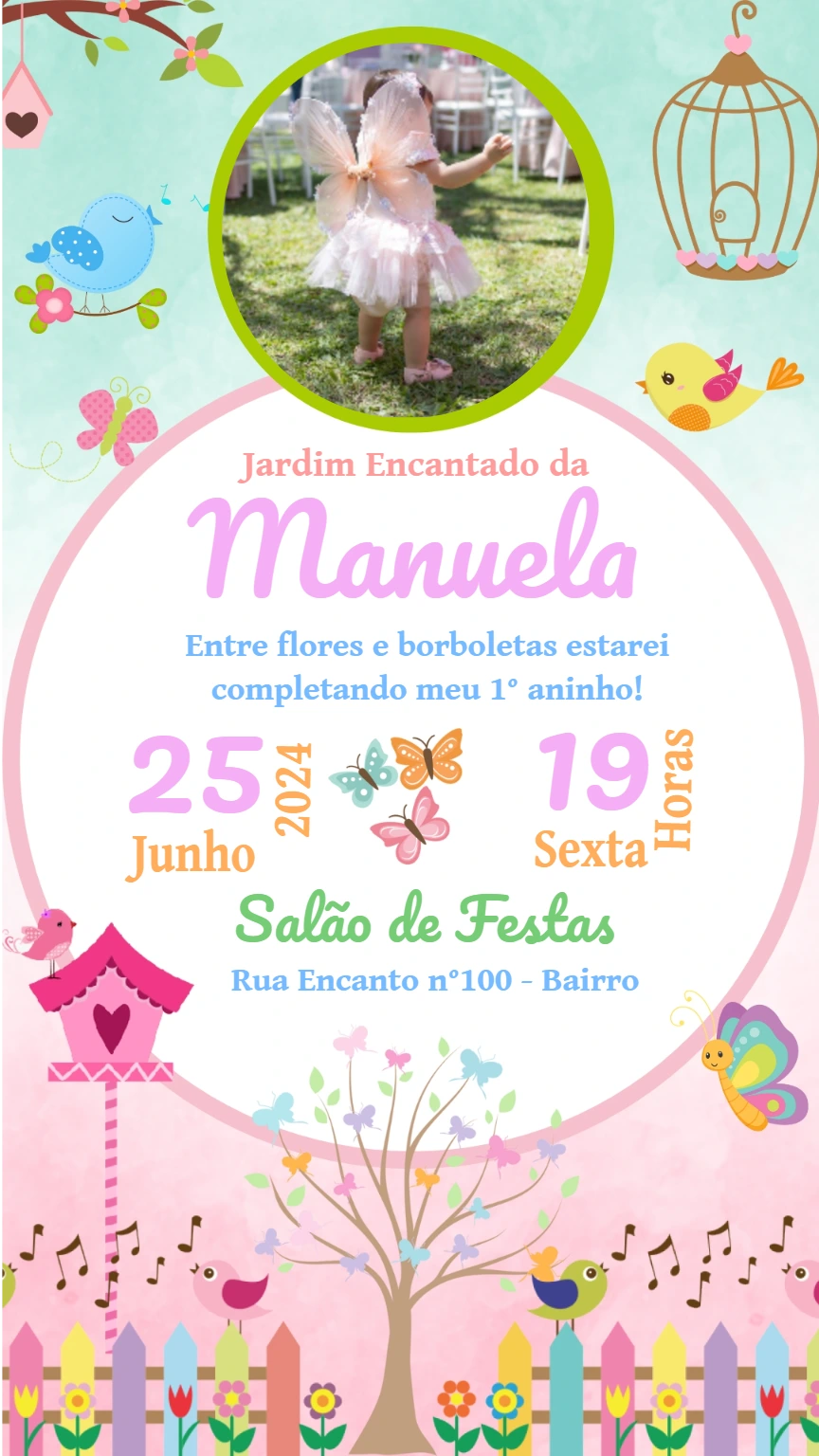 Convite Aniversário Jardim Encantado com Foto para Editar Online