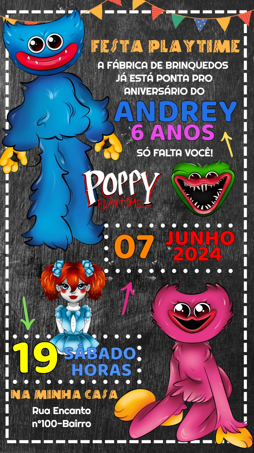 Convite Aniversário Poppy Playtime para Editar Online