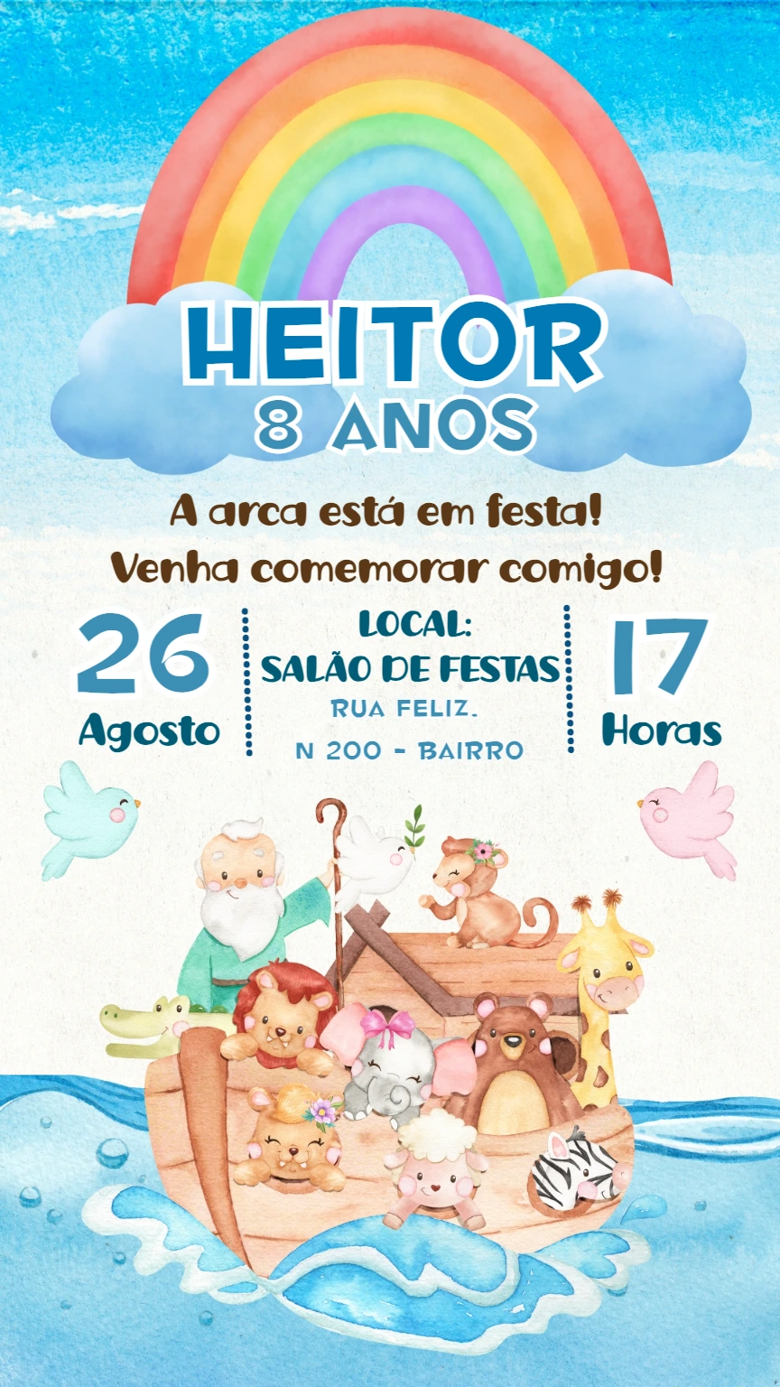 Convite Aniversário Arca de Noé com Animais para Editar Online