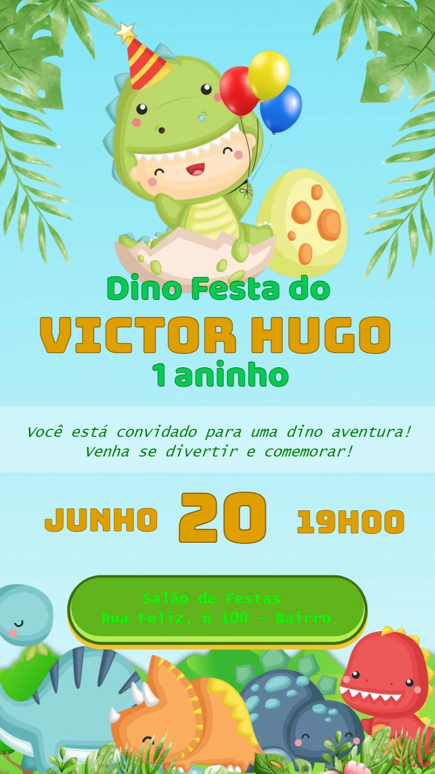 Convite de Aniversário Dinossauro Baby para Editar Online