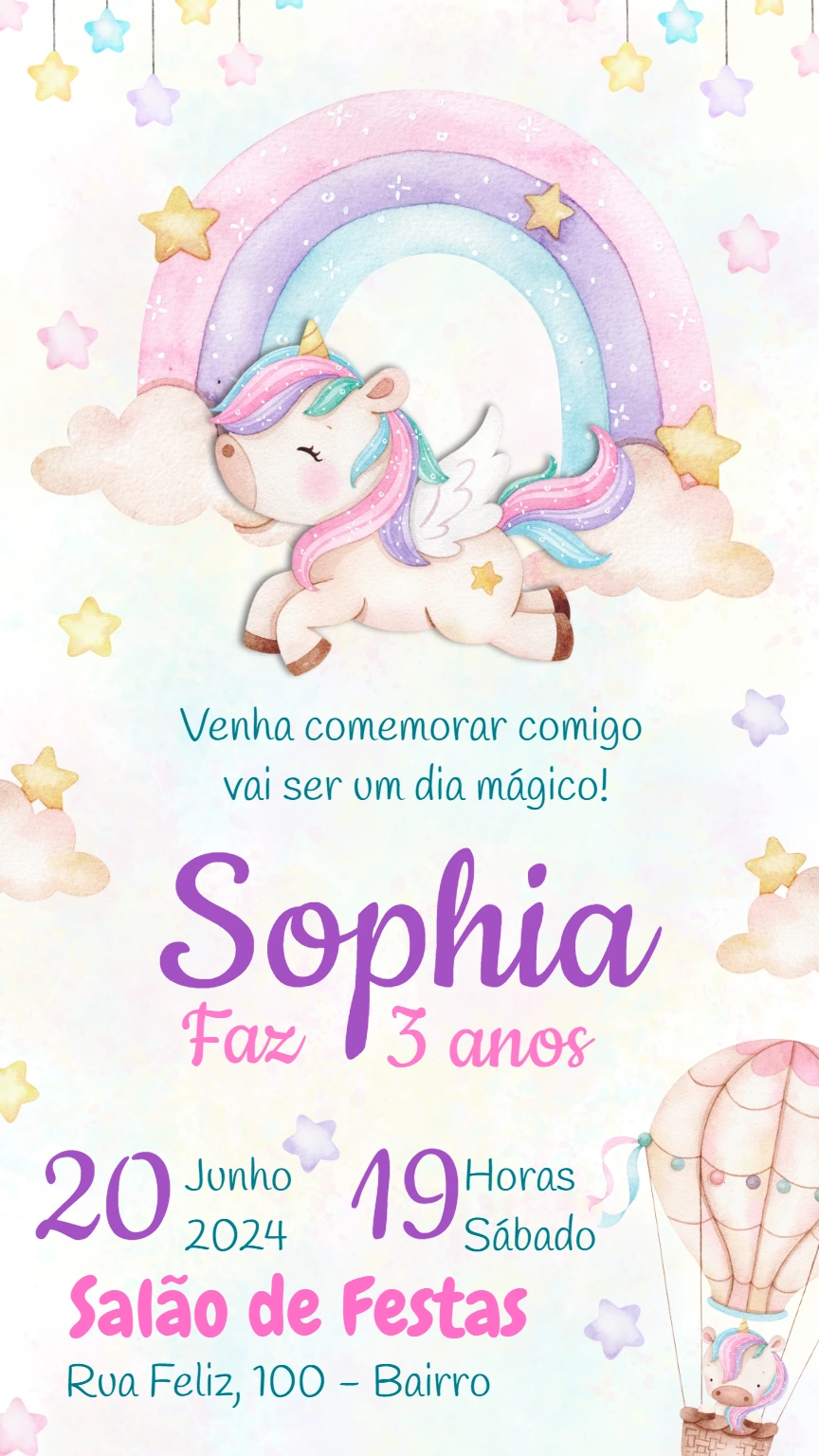 Convite de Aniversário Unicórnio Mágico para Editar Online