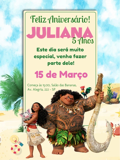 Convite Aniversário Moana com Personagens para Editar Online